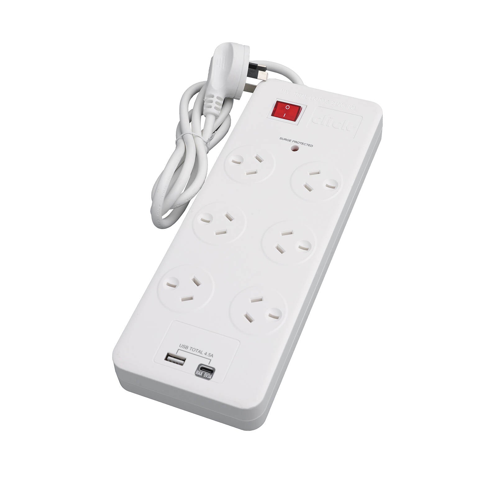 Click 6 Outlet Power Board with USB Charger 240V 2400W Surge 1m Lead CPB6U