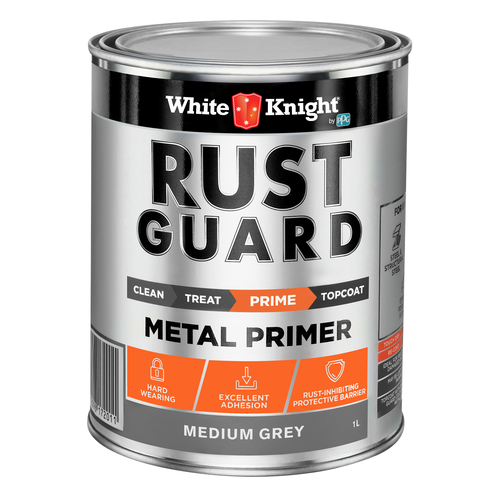 White Knight Rust Guard Metal Primer 1L - Medium Grey Solvent Based Rust-Inhibiting Primer
