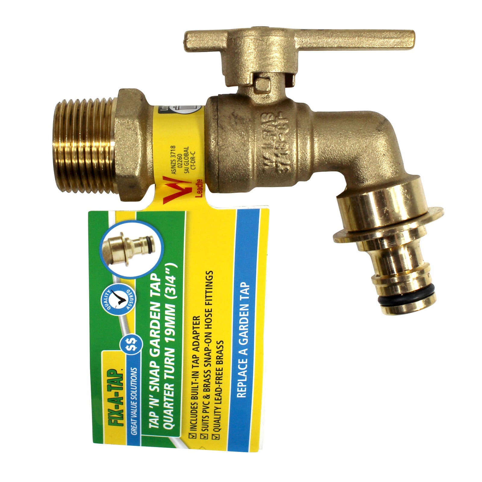 FIX-A-TAP 19mm 3/4" Lead-Free Brass Quarter Turn Tap 'N' Snap Garden Tap with Hose Adaptor