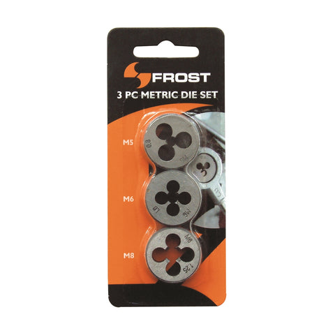 Frost 3 Piece Metric Die Set M5/M6/M8, Steel Thread Cutting Dies