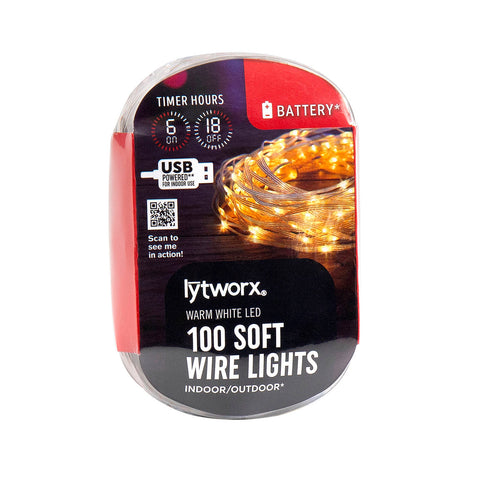 Lytworx 9.9m Warm White Battery Soft Wire Lights 100 Pack 70723 - Timer, USB, Outdoor