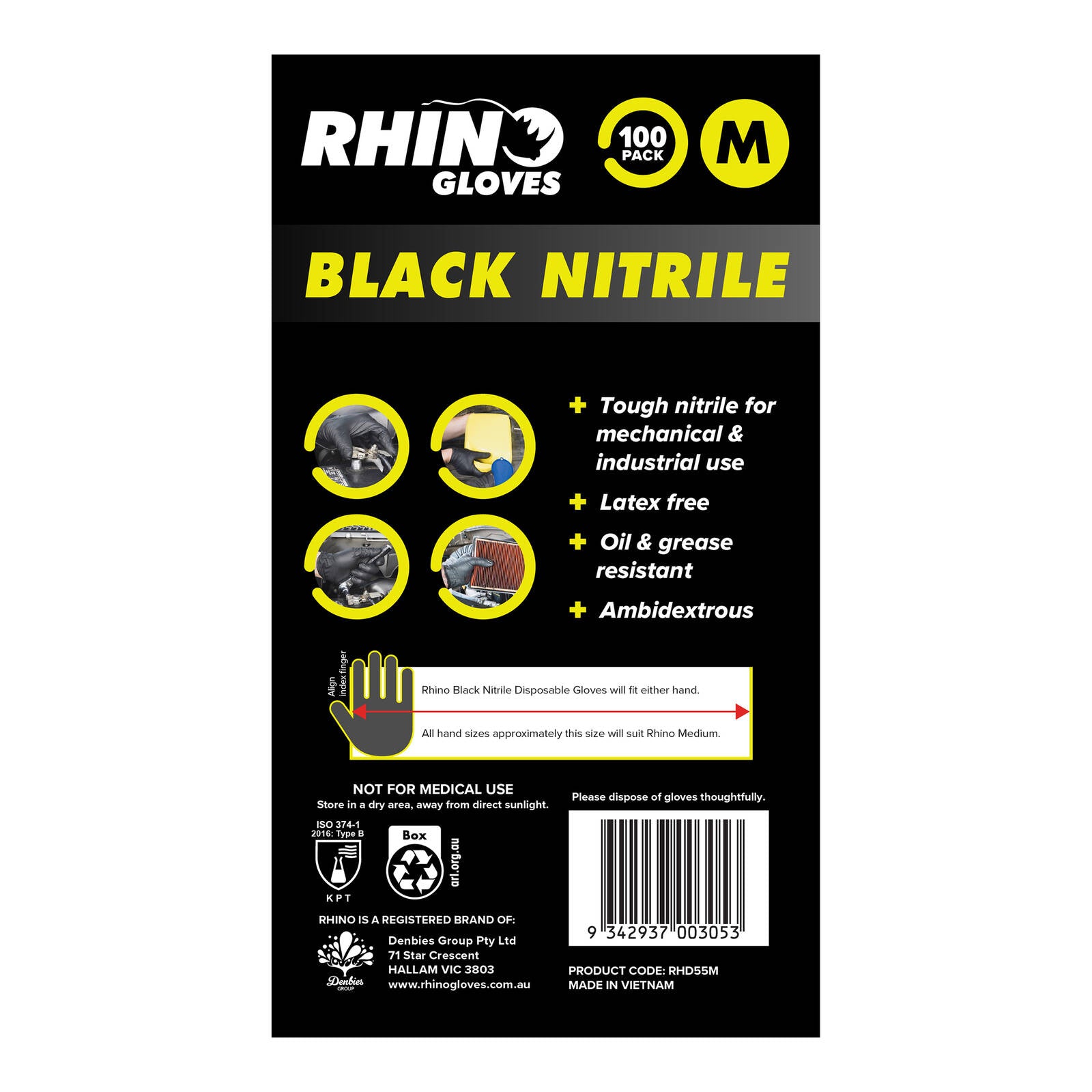 Rhino Medium Nitrile Disposable Gloves - 100 Pack