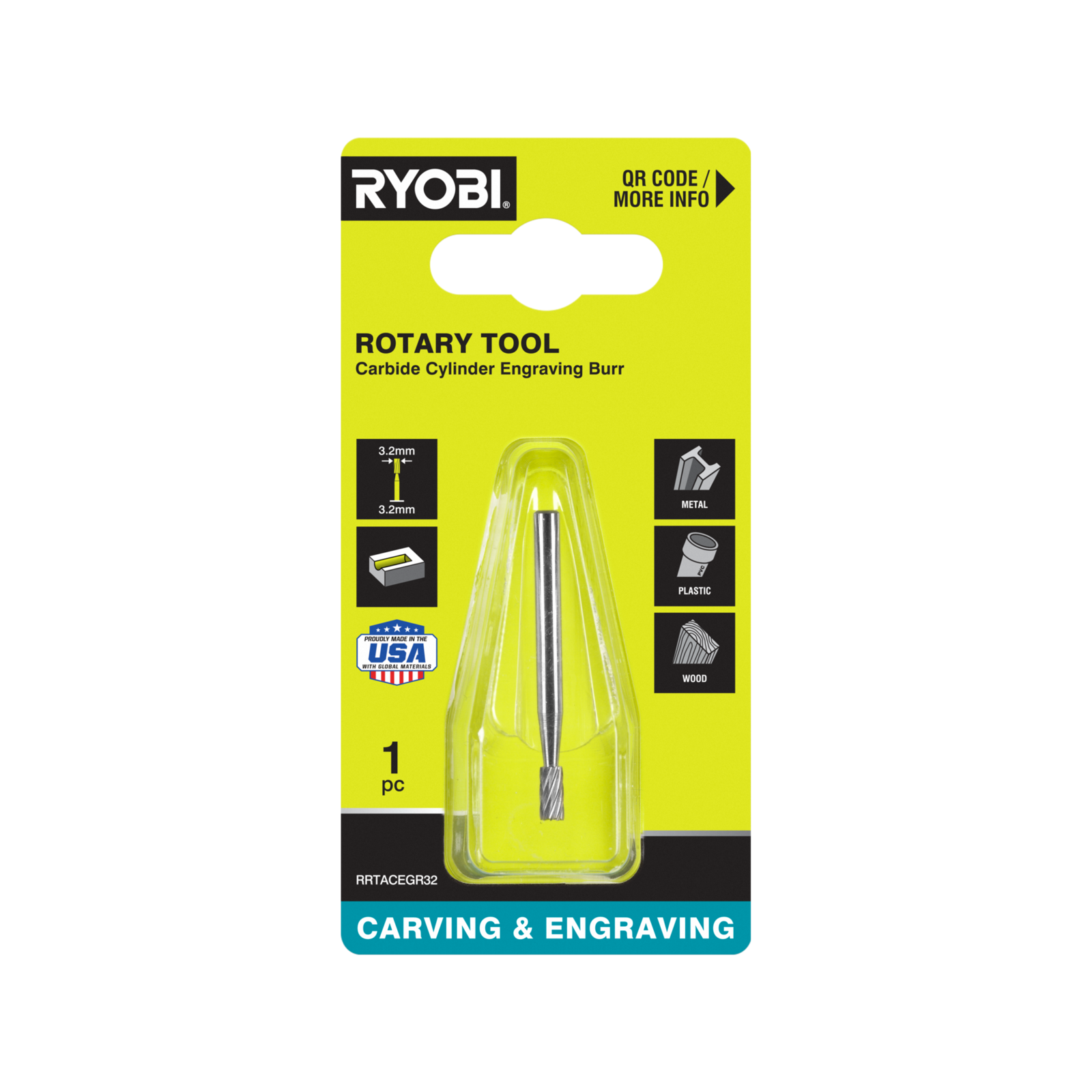 Ryobi 3.2mm Carbide Grooved Cylinder Engraving Burr for Rotary Tools