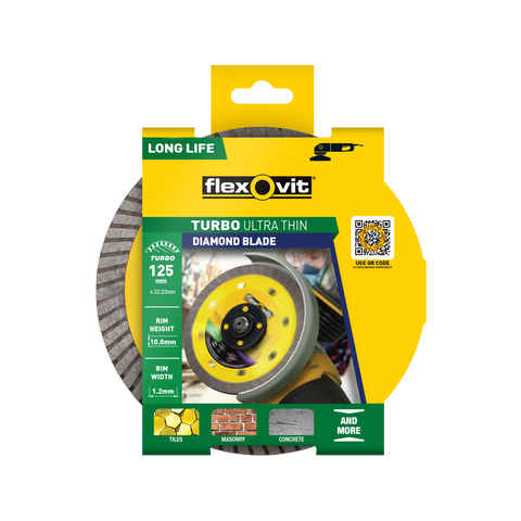 Flexovit 125 x 22 x 1.2mm Ultra-Thin Turbo Diamond Blade, Clean Cut for Grinders