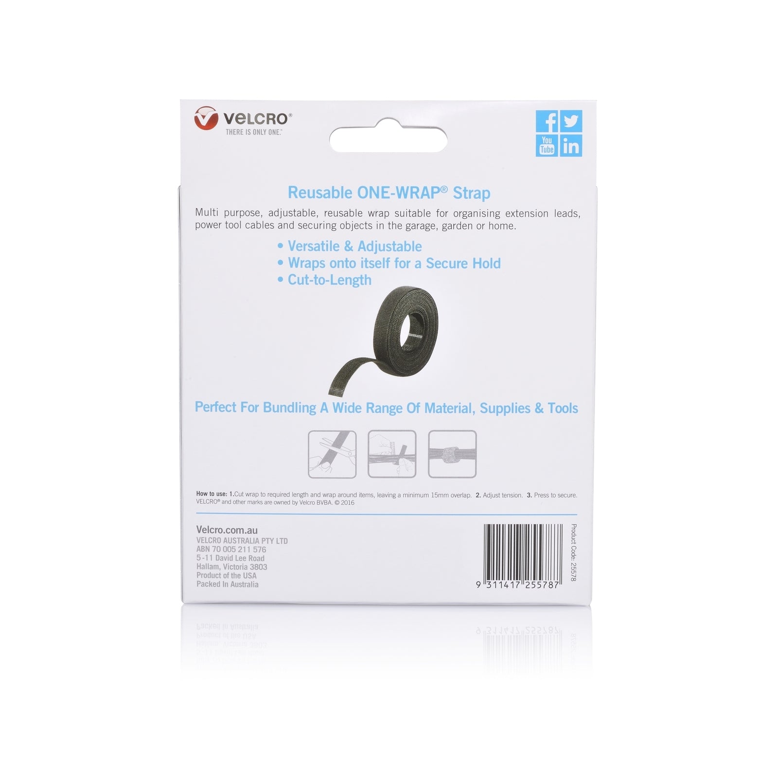 Velcro Brand Reusable Wrap, 25mm x 5m, Black, Hook and Loop, Indoor