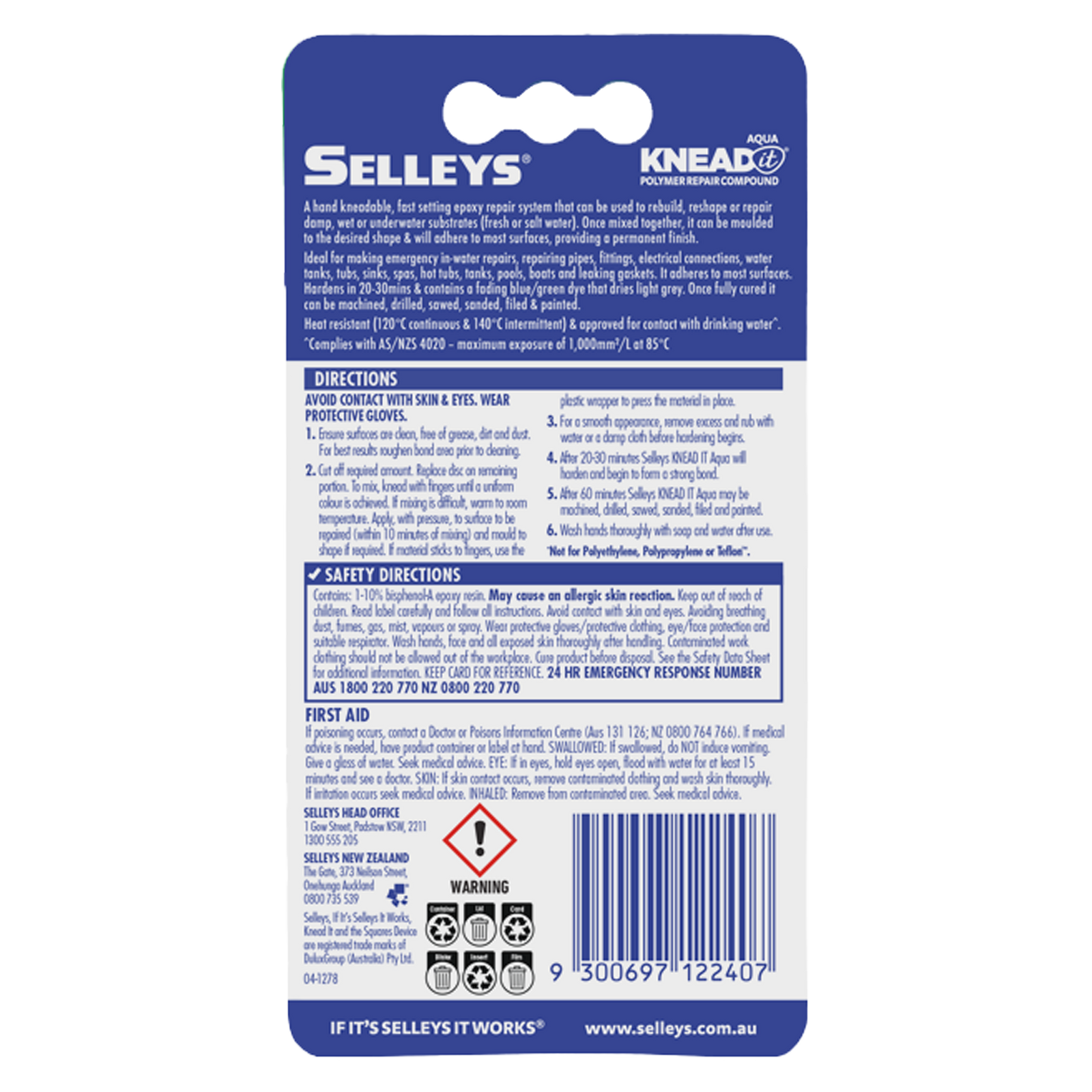Selleys Knead It Aqua Epoxy Putty 50g - Paintable Sandable for Wet & Underwater Repairs