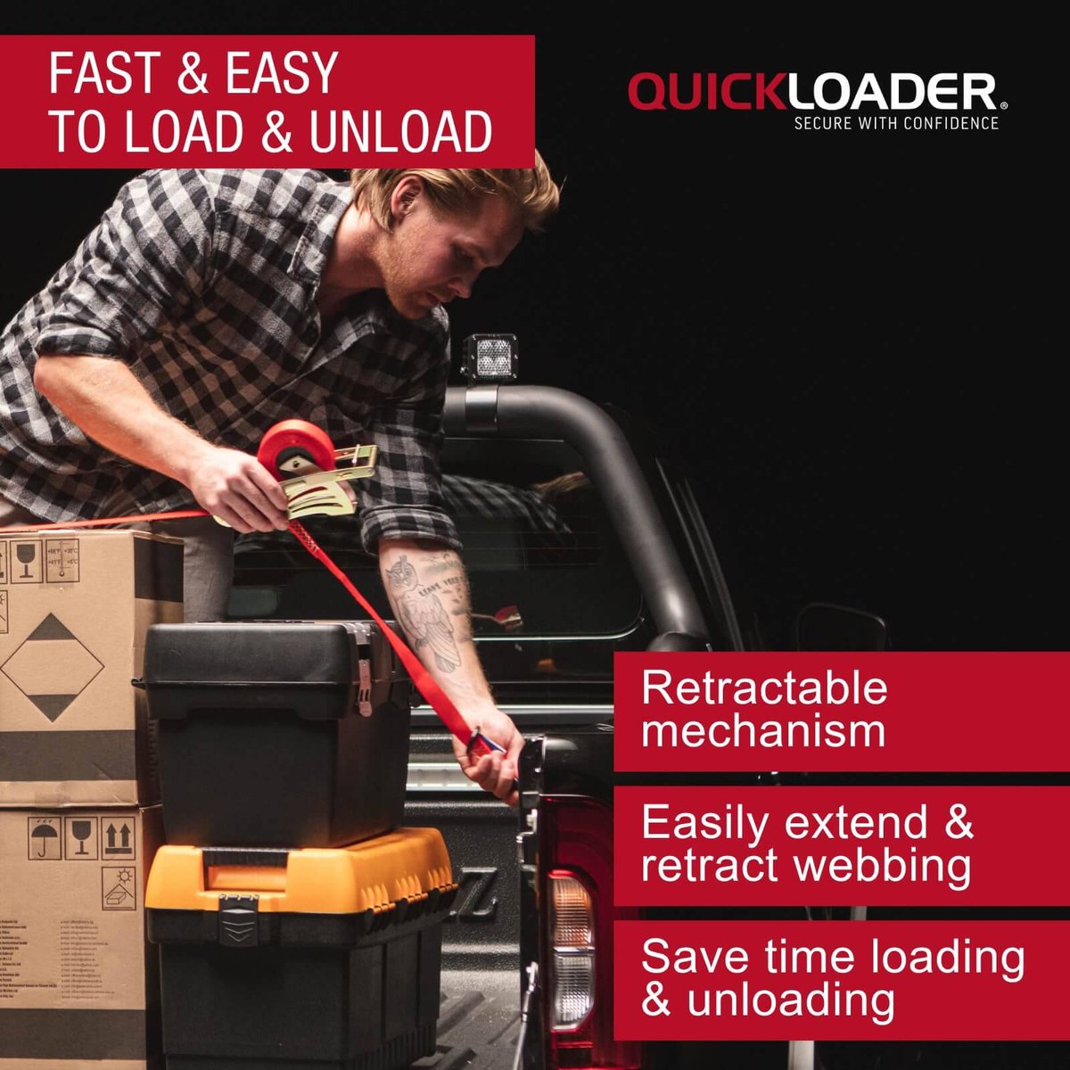Quickloader Retractable Ratchet Tie Down Strap 4.5m x 25mm 600kg - 2 Pack