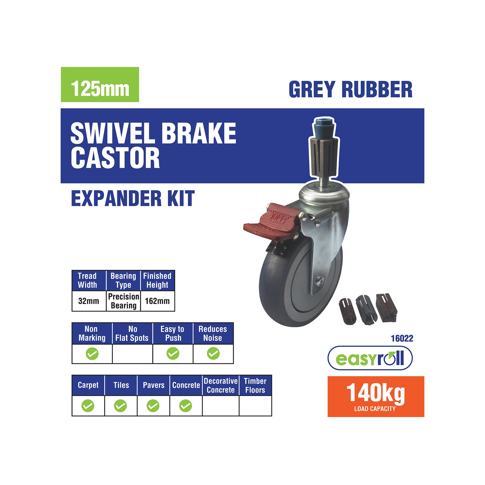 Easyroll 125mm 140kg Grey Rubber Castor Xpan Kit with Brake