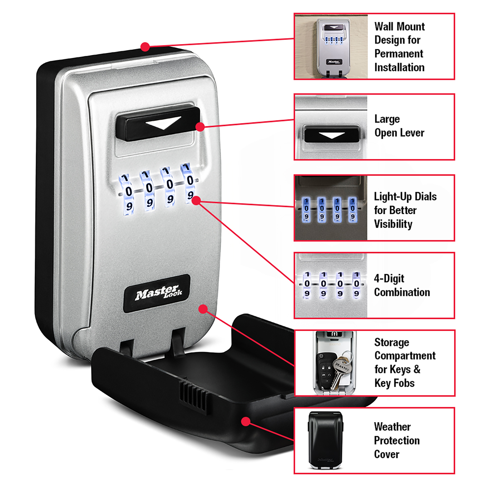 Master Lock Light Up Wall Mounted Key Safe with Combination Lock, 5425DAU