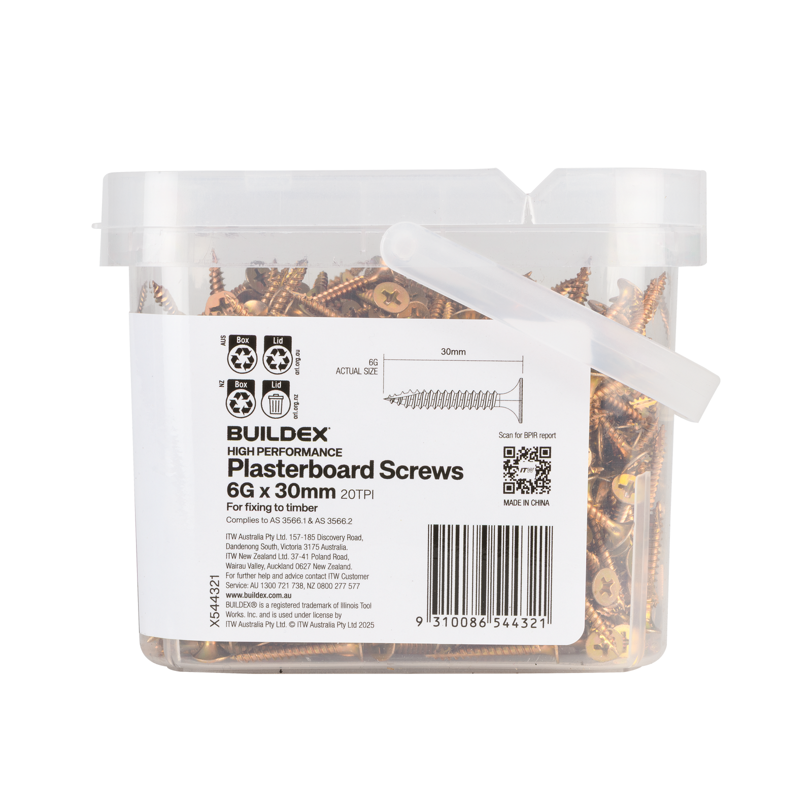 Buildex 6G x 30mm Gold Passivated Bugle Head Plasterboard Screws - 1000 Pack