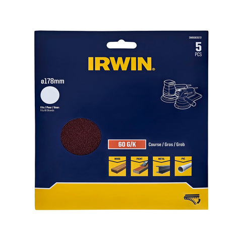 Irwin 178mm 60 Grit No-Hole Quick Fit Orbital Sanding Discs - 5 Pack