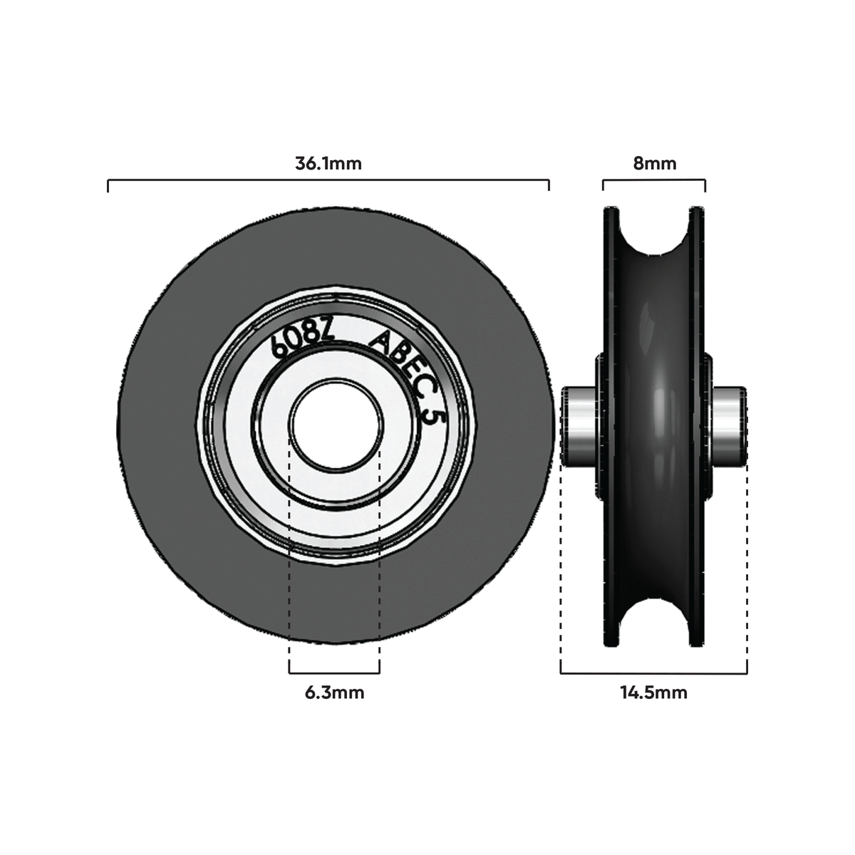 Rolltrak Concave Roller - 36mm - Nylon - 6.4mm Axle - SuperSaverAU - view 2