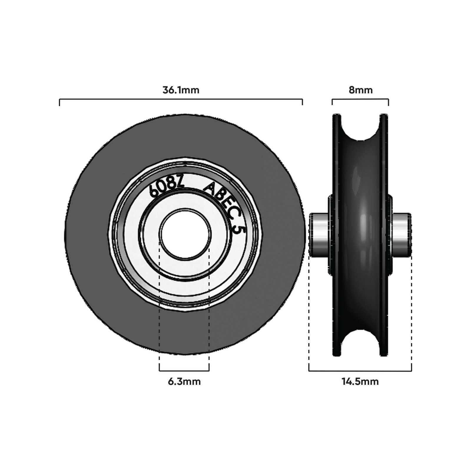 Rolltrak 36mm Stainless Steel Concave Nylon Roller - Patio Door Replacement