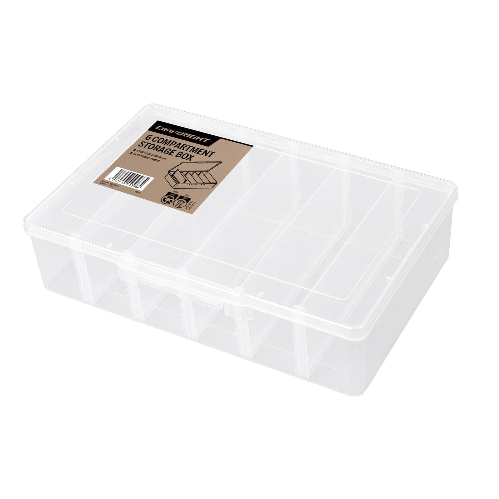 Craftright 6 Compartment Organiser Storage Box 300 x 200mm, Clear Lid