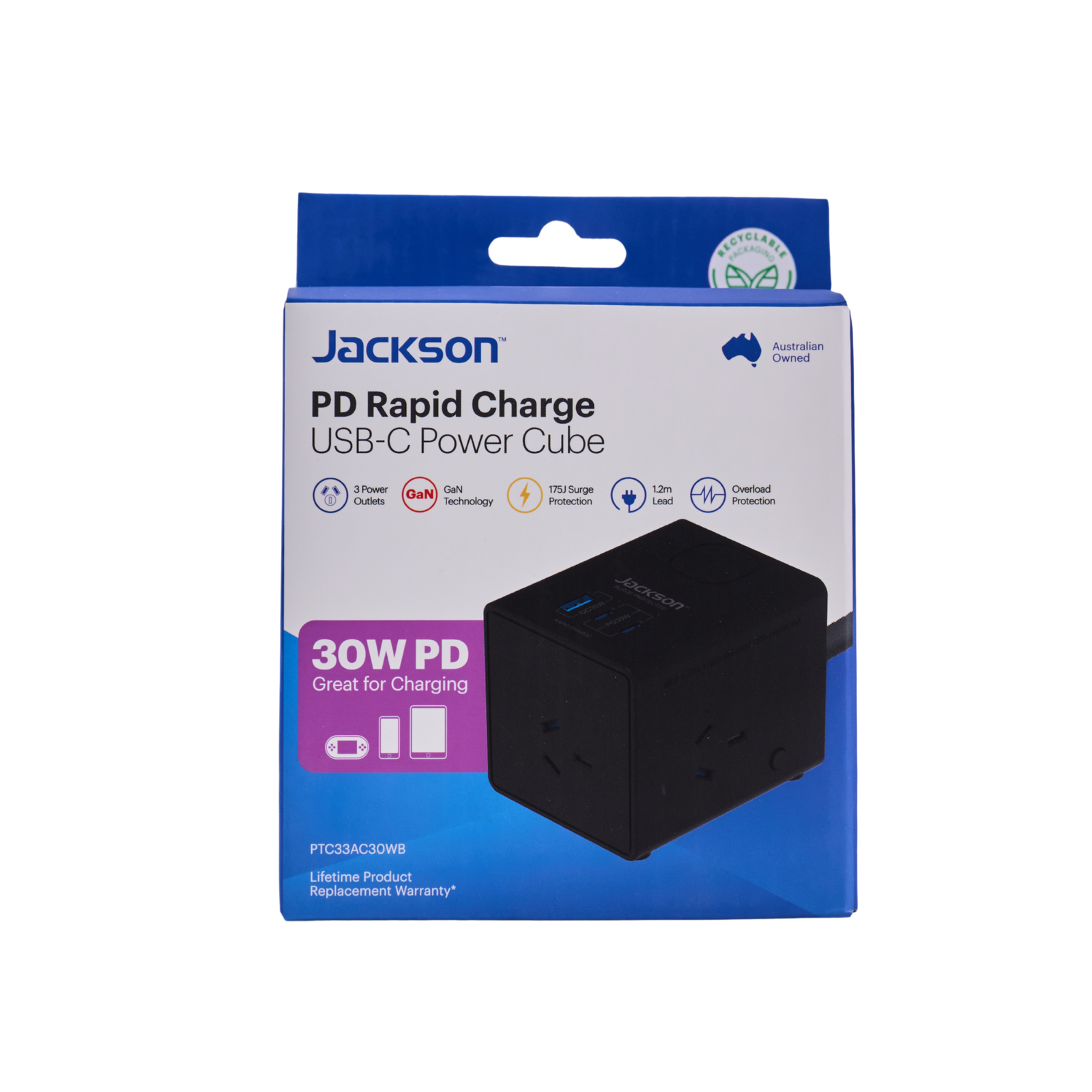 Jackson 3 Outlet Power Cube, USB-A & USB-C PD30W x2, 175J Surge, Black