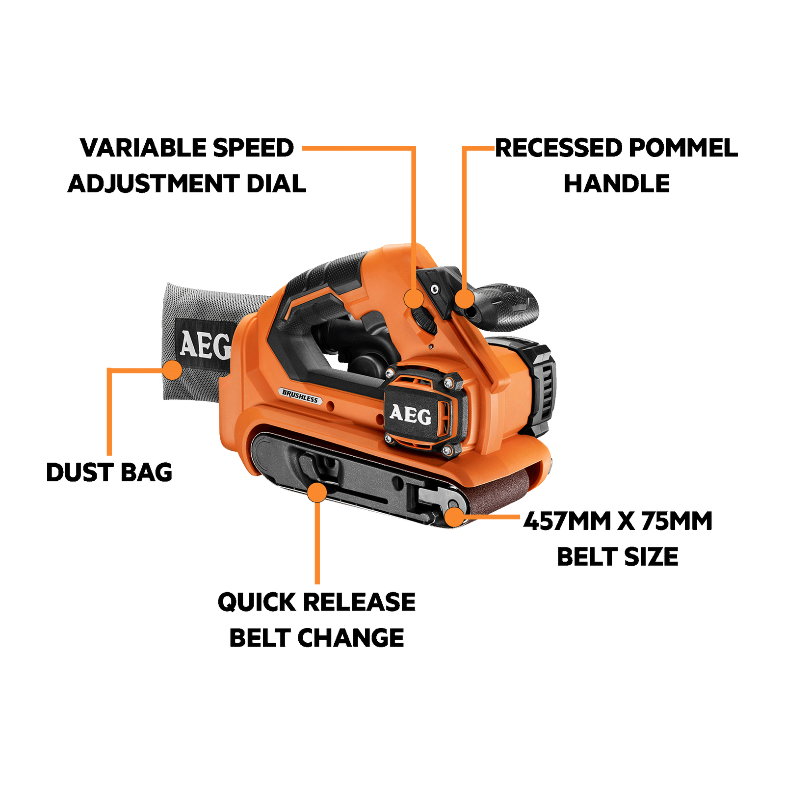 AEG 18V Brushless 75mm Belt Sander Skin Only BHBS18B-0