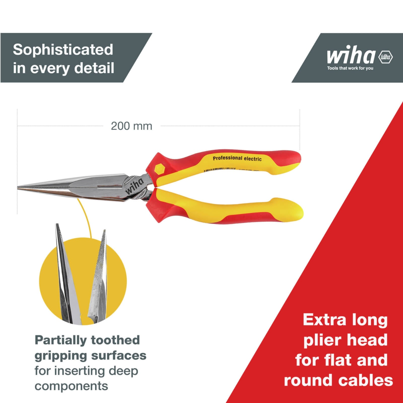 Wiha 200mm Long Nose VDE Pliers - 1000V Insulated, C70 Tool Steel, Straight Cut