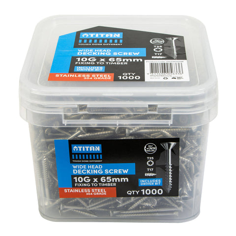 Titan Wide Head Decking Screws 10G x 65mm 304 Stainless Steel - Pack of 1000