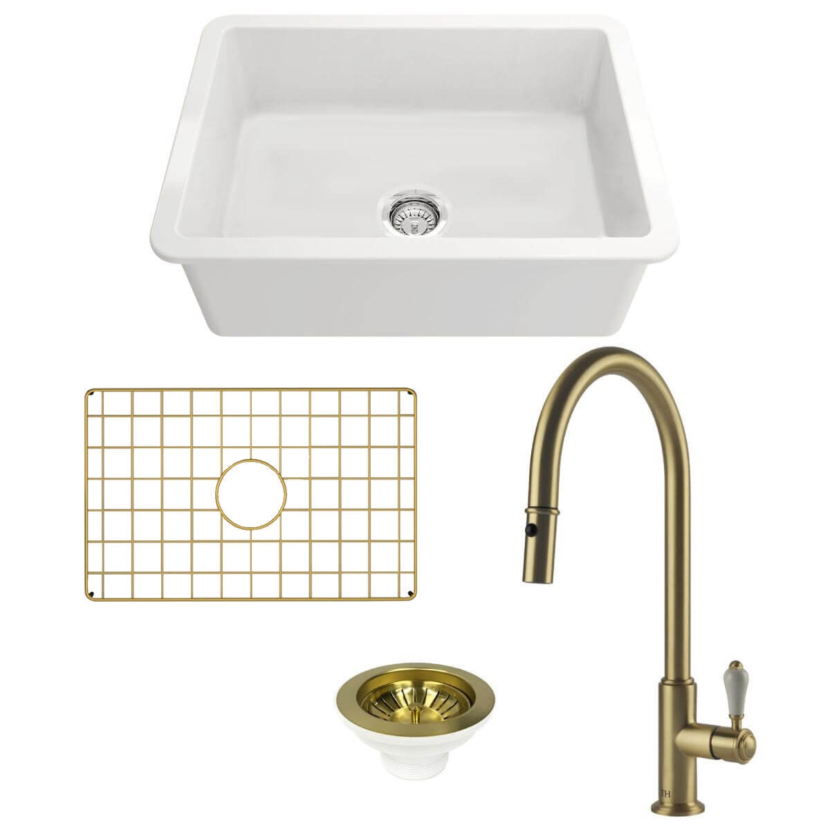 Turner Hastings Cuisine 68 Fireclay Sink Pack - Brushed Brass Ludlow Pull Out Mixer Tap - PKG037