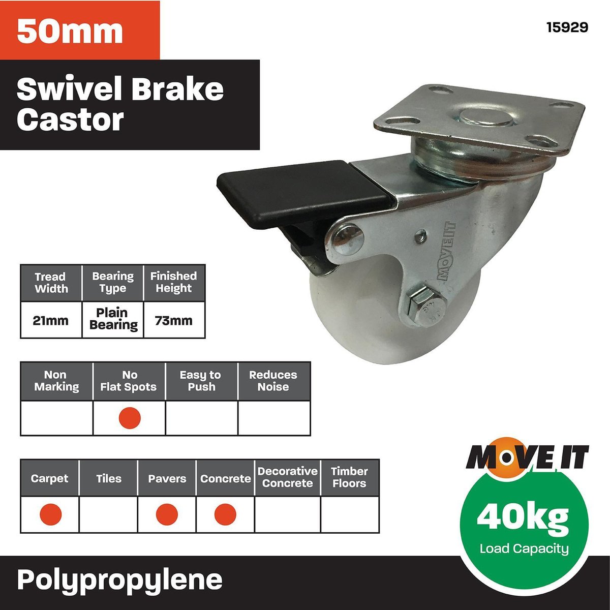 Move It 50mm White Polypropylene Swivel Plate Brake Castor 40kg