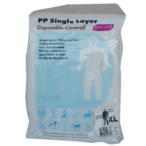 Pro-Val PP Single Layer Disposable Coverall XL Dust Resistant Breathable