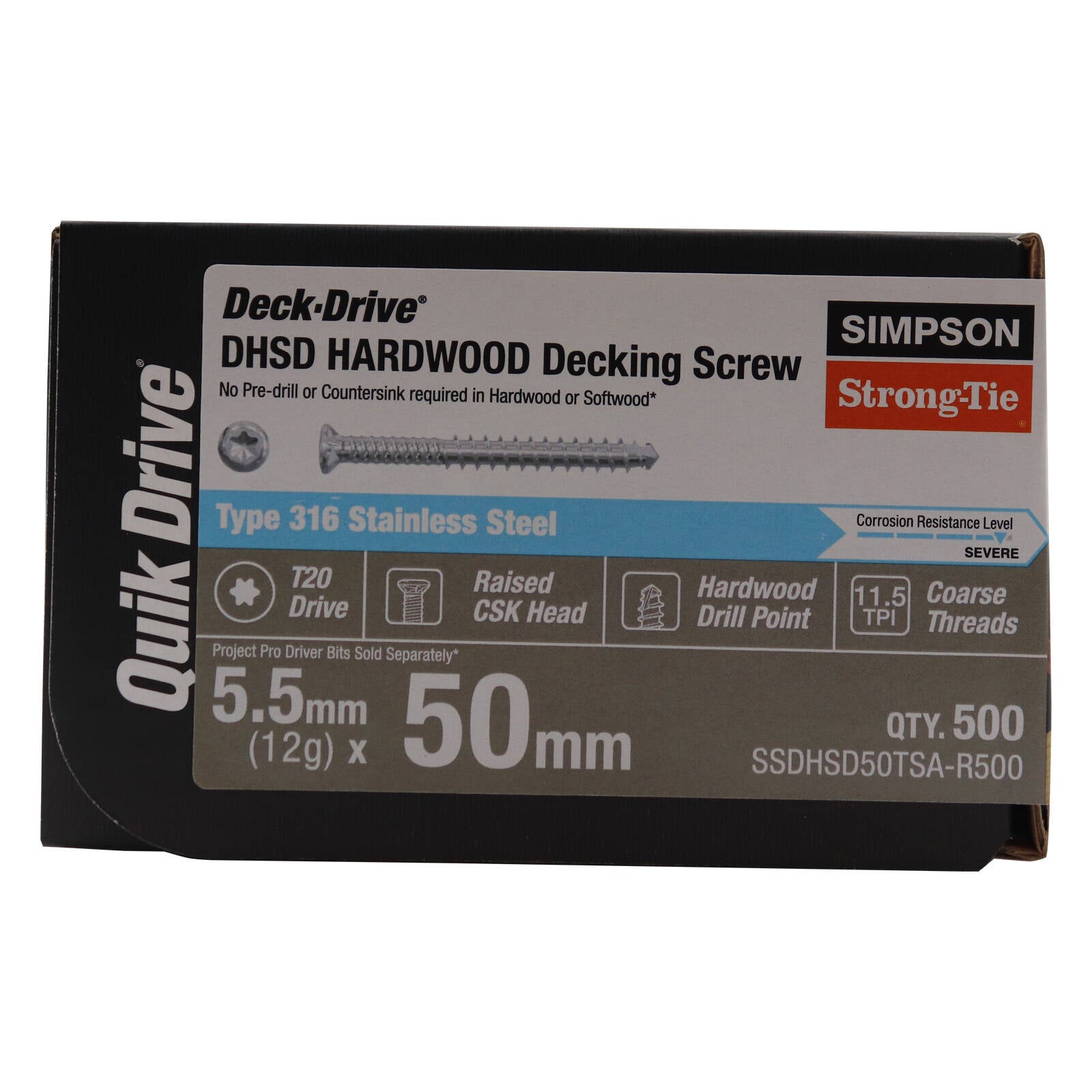 Simpson Strong-Tie 12G x 50mm 316 Stainless Steel Collated Quik Drive Decking Screw 500 Pack