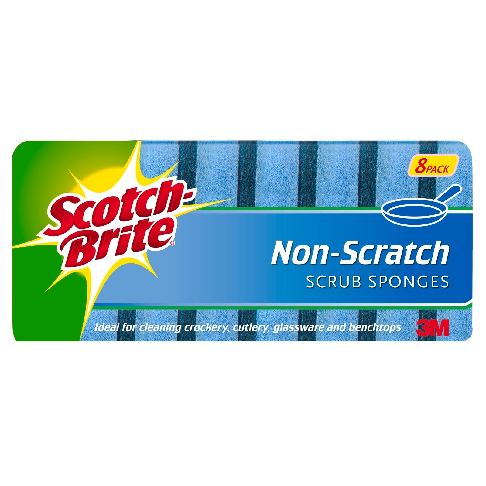 3M Scotch-Brite Non-Scratch Scrub Sponges 8 Pack - Nylon, Green & Yellow