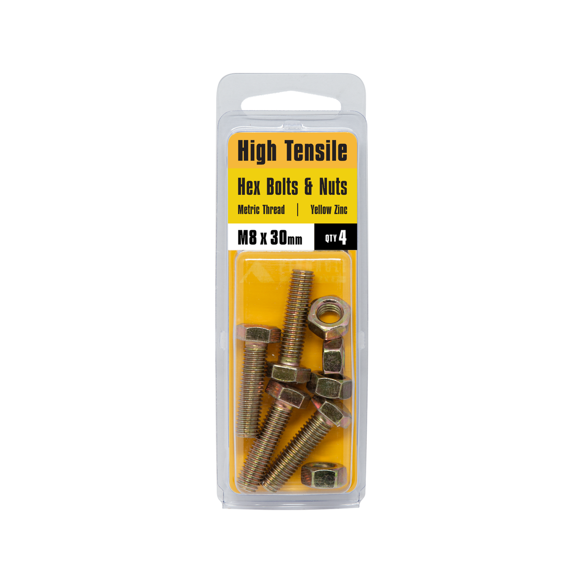 Pinnacle M8 x 30mm Hi-Tensile Hex Bolt and Nut - Yellow Zinc, 4 Pack