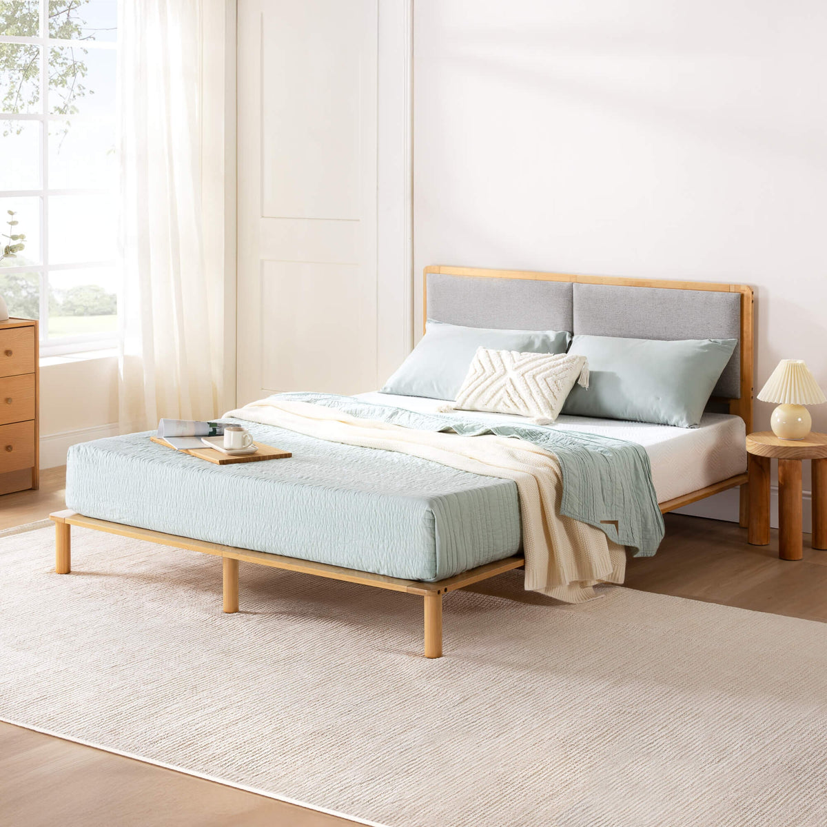 Zinus Arden queen bamboo bed frame - upholstered headboard, natural finish, slatted support - AU-FPWNH8ZC-08Q