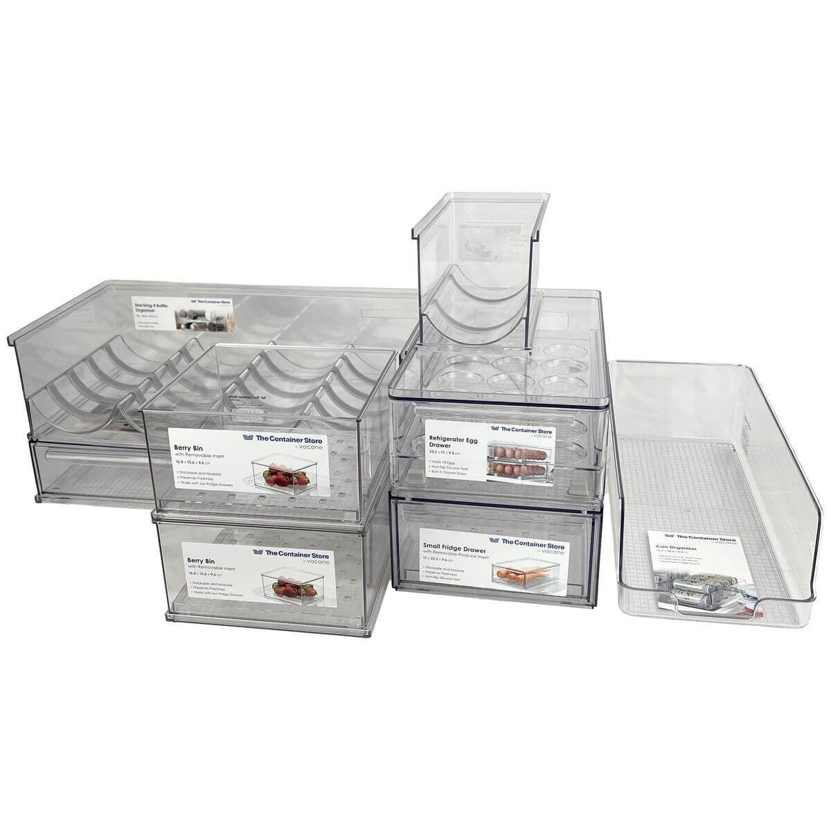 The Container Store 8 piece fridge pack 1 - Clear PET bins, egg drawer and bottle holders - VTCS-FRIDGE-P1