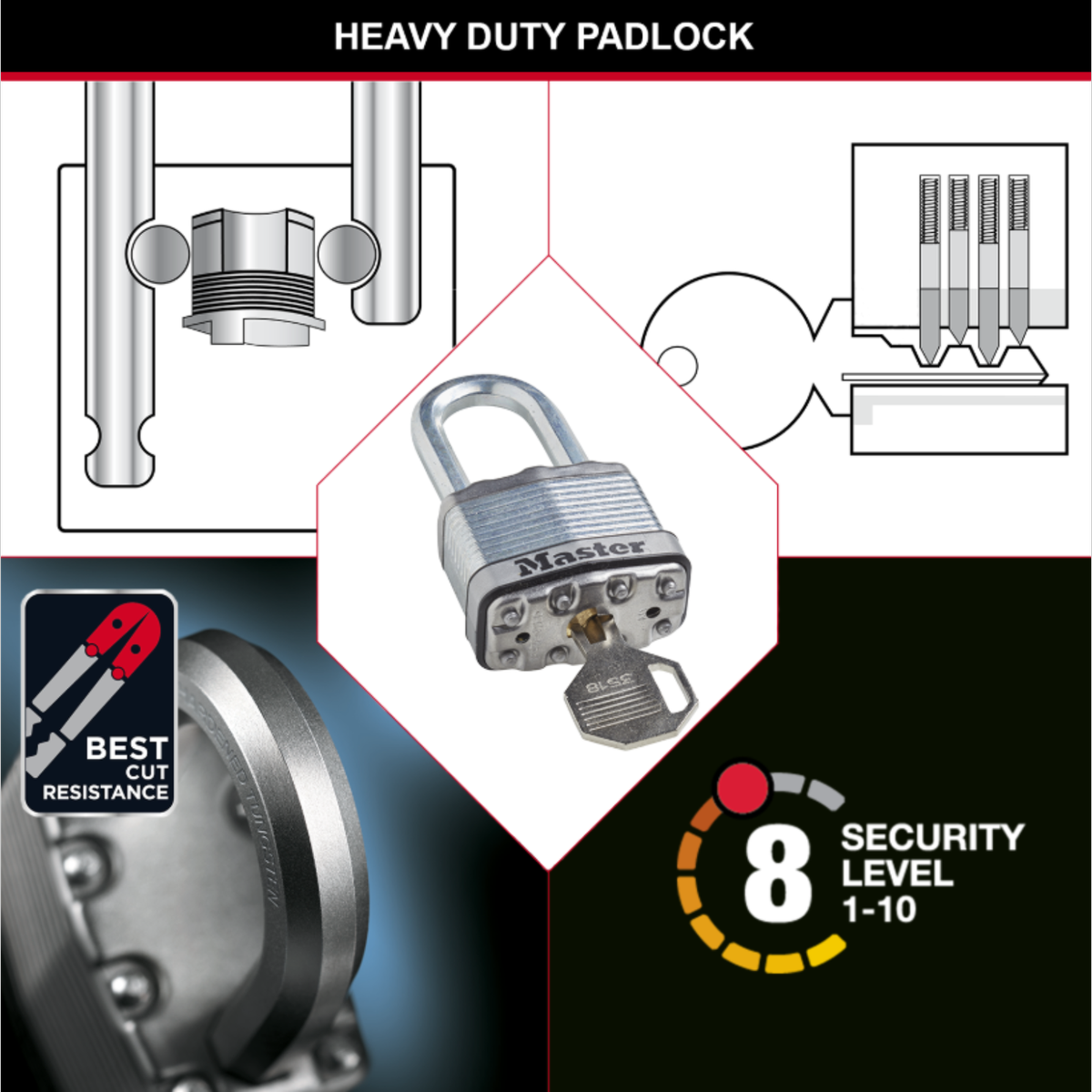 Master Lock 45mm Magnum Padlock with 64mm Extra Long Shackle Laminated Steel