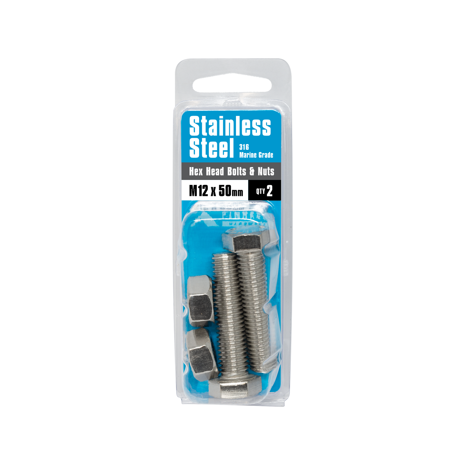 Pinnacle Hardware M12 x 50mm 316 Stainless Steel Hex Head Bolt and Nut 2 Pack