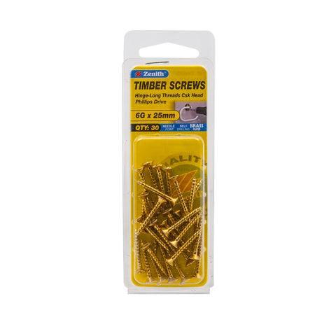 Zenith 6G x 25mm Brass Plated Countersunk Hinge Screws - Long Thread Timber Screws, 30 Pack