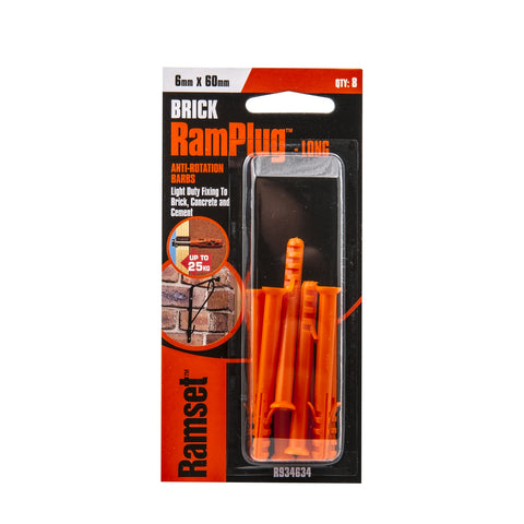 Ramset 6 x 60mm Long RamPlug Nylon Wall Anchor, Orange - 8 Pack