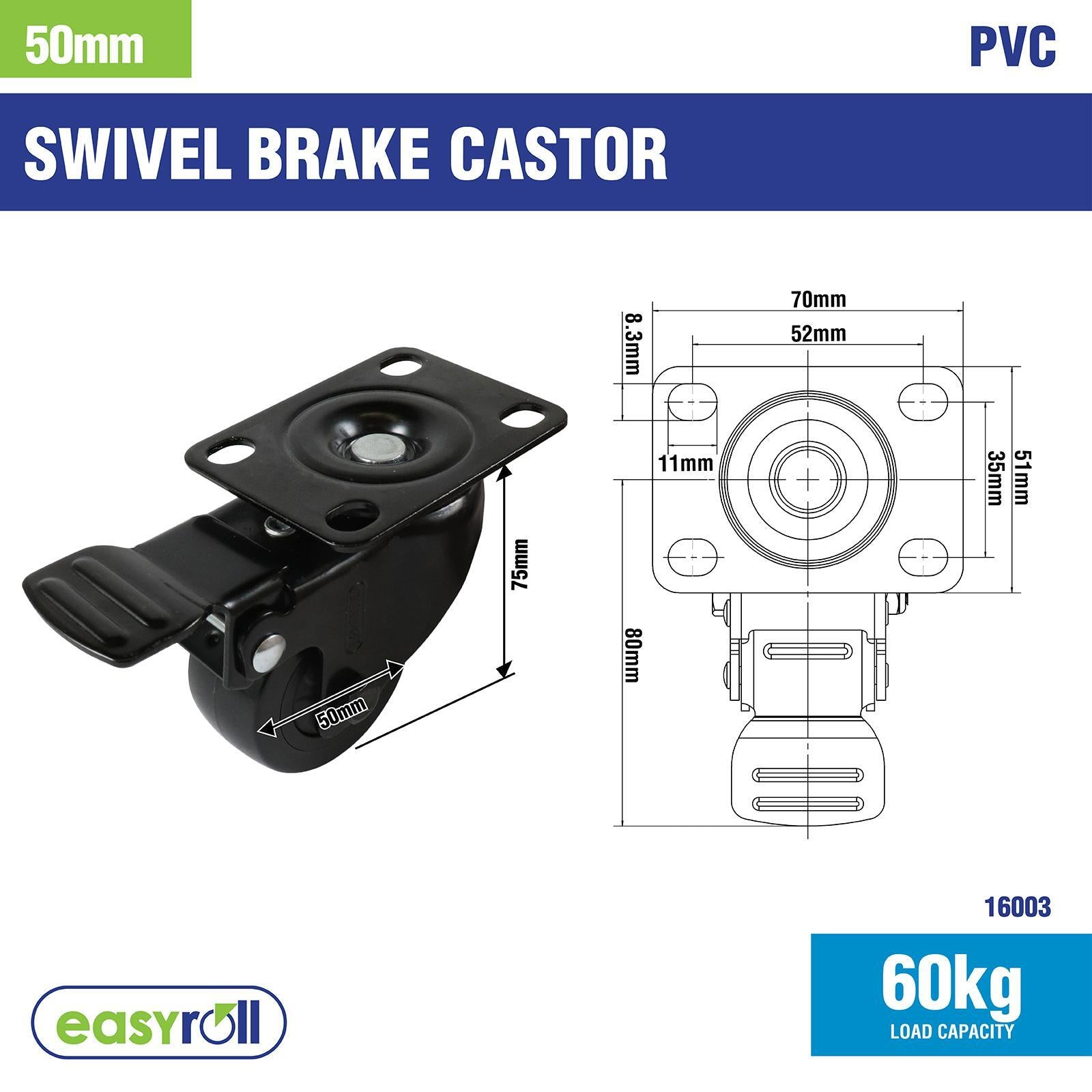 Easyroll 50mm Black PVC Swivel Castor With Brake 60kg