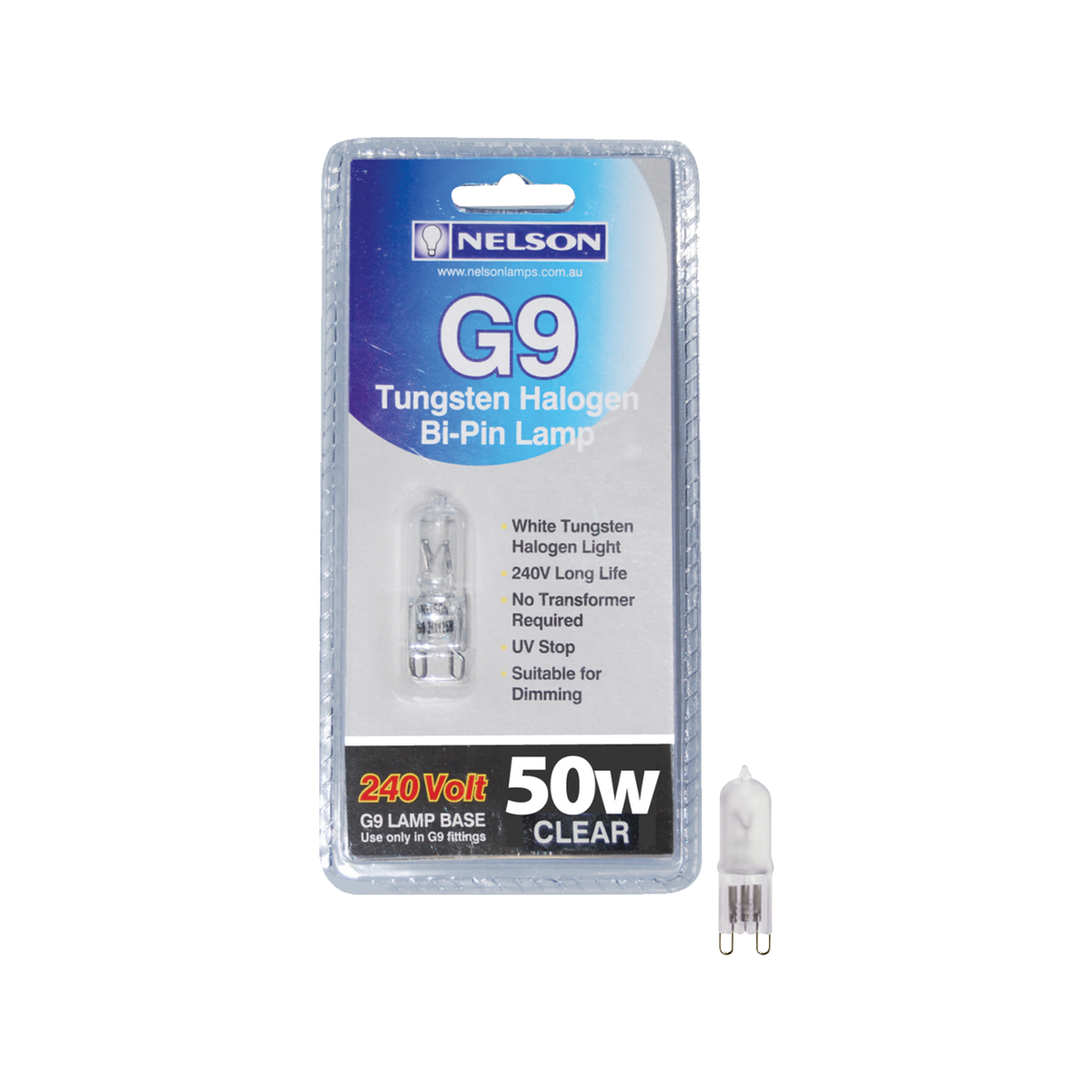 Nelson G9 50W Tungsten Halogen Globe, Clear Ice Blue 3200K Dimmable MAG950C