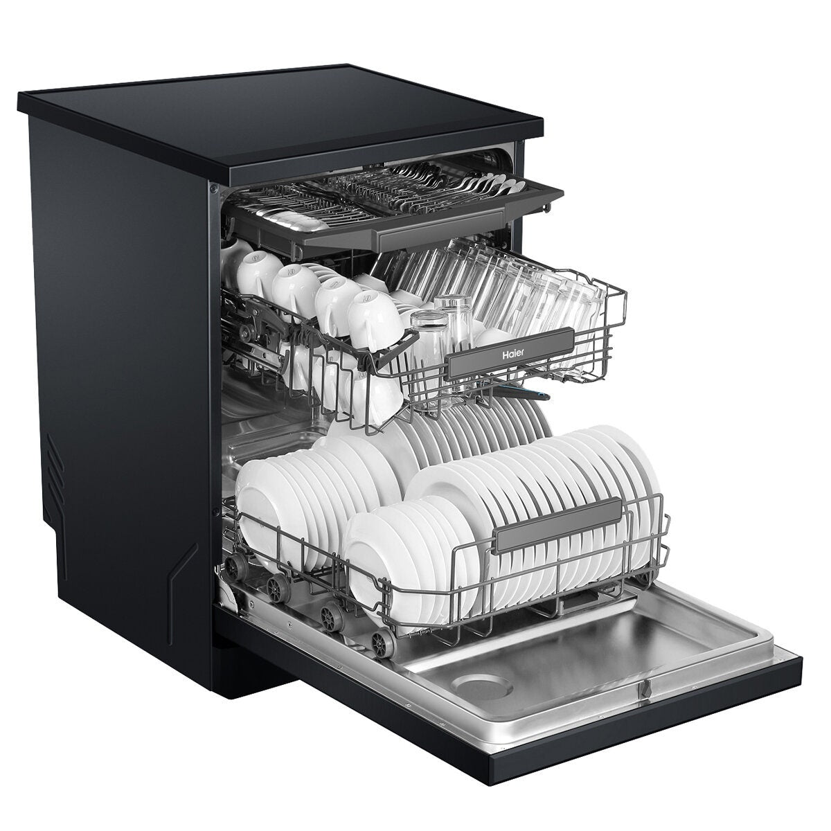Haier 60cm Freestanding Dishwasher with Steam - 15 Place Settings - Black - Auto Door Opening - HDW15F3B1