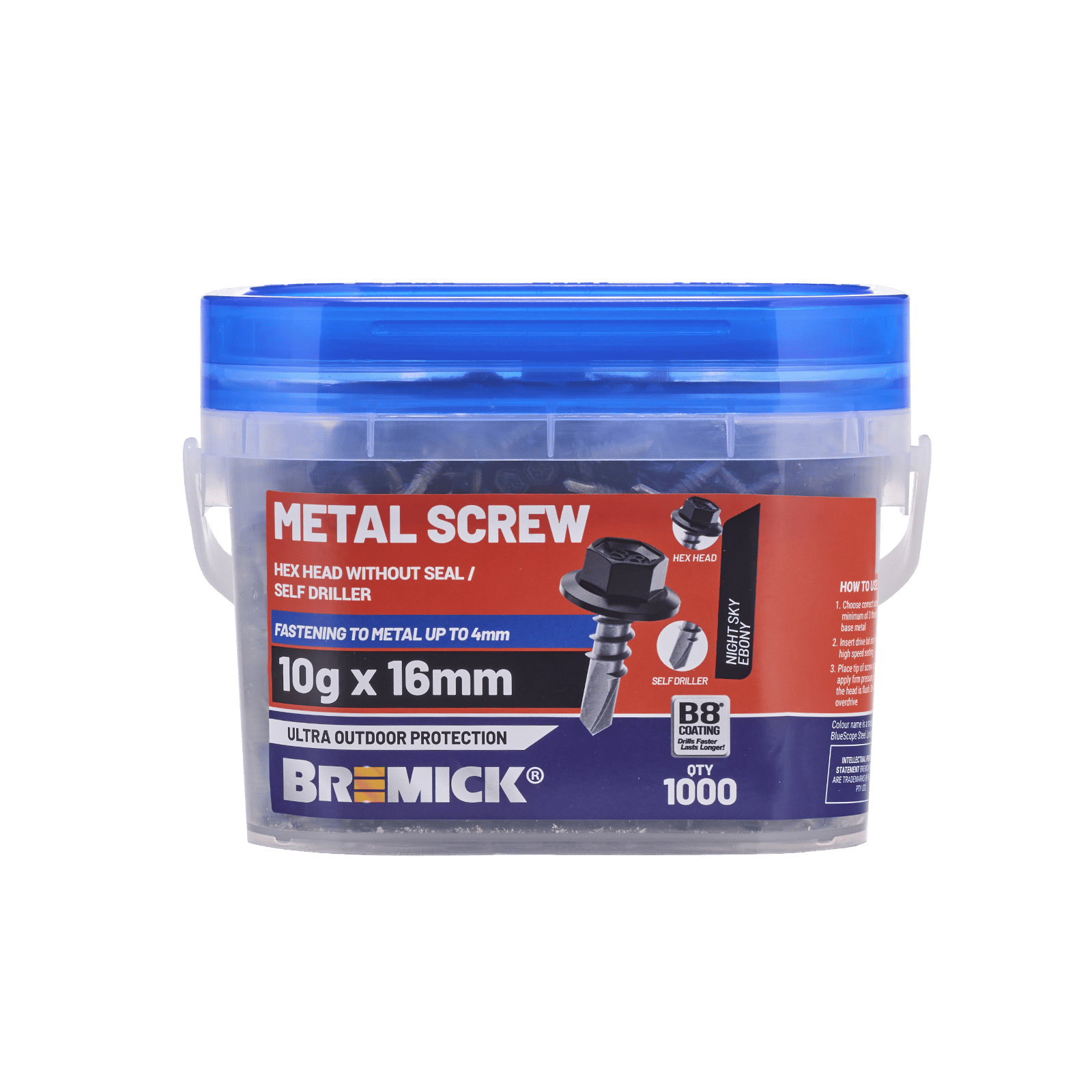 Bremick 10g x 16mm Hex Metal Screw Drill Point Fine Thread Carbon Steel - 1000 Pack