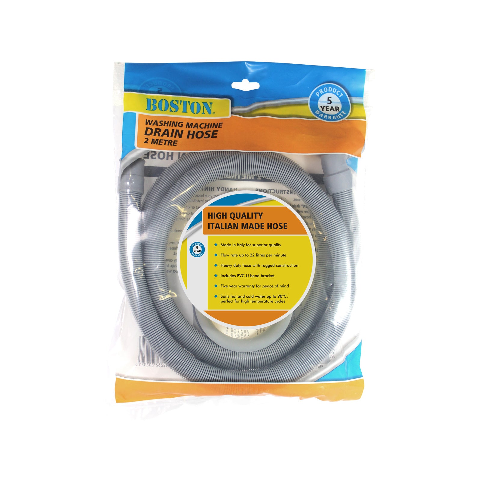 BOSTON 2m Grey PVC Washing Machine Outlet Drain Hose