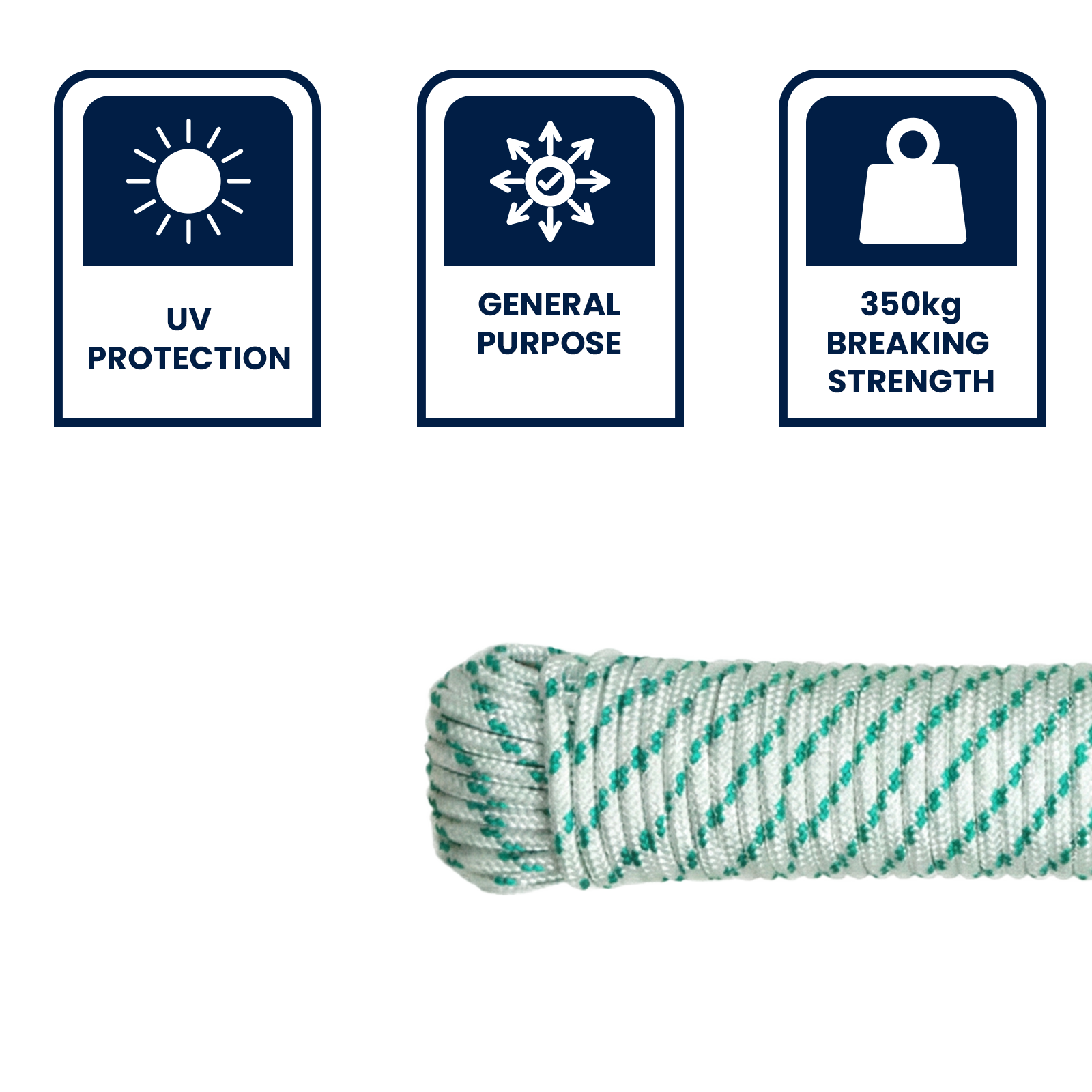 Grunt 6mm x 25m Outdoor Rope, White with Green Trace, Braided PP Multi-Filament, 350kg Break Strength