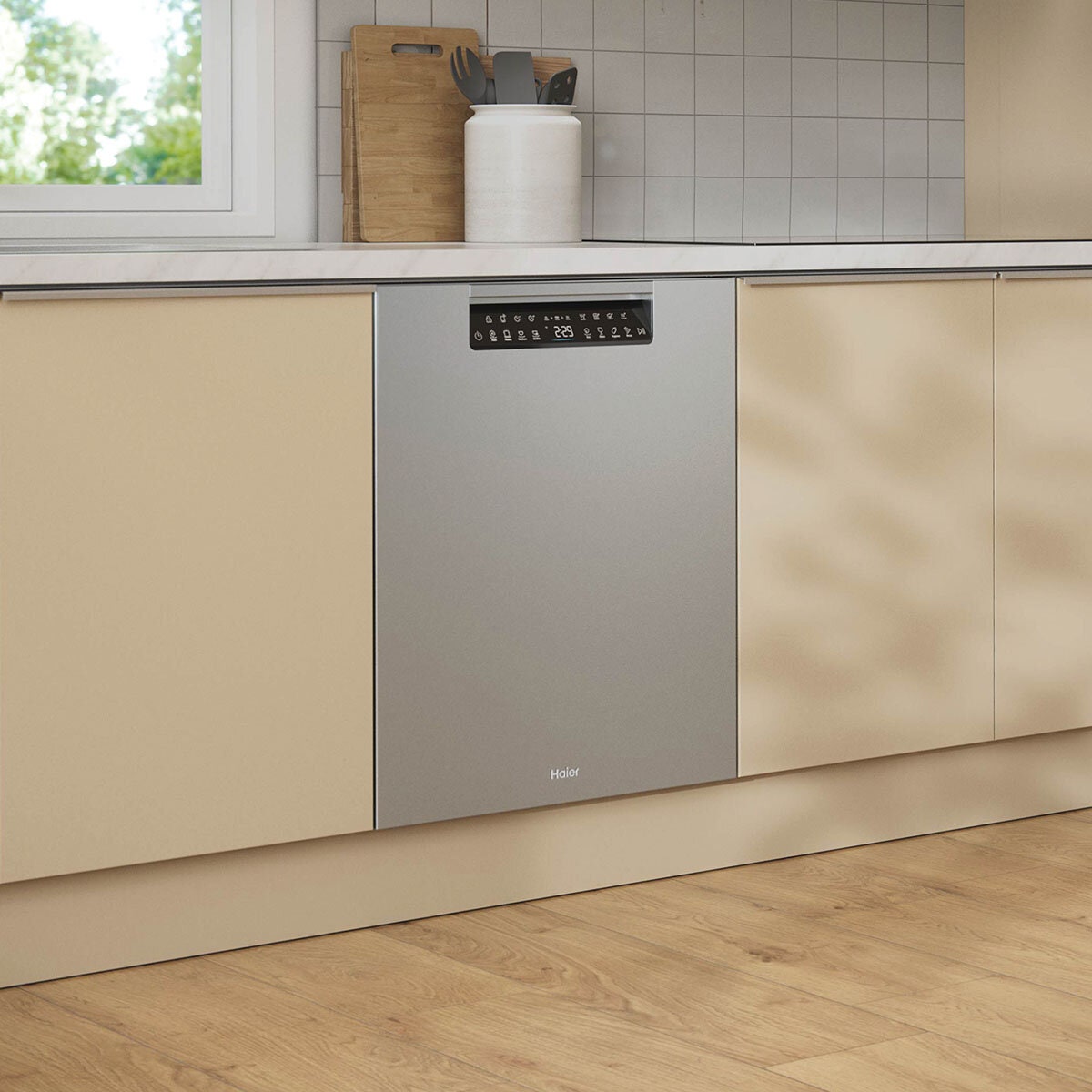 Haier 60cm Built Under Dishwasher with Steam - 15 Place Settings, Satina Silver, WiFi - HDW15U3S1