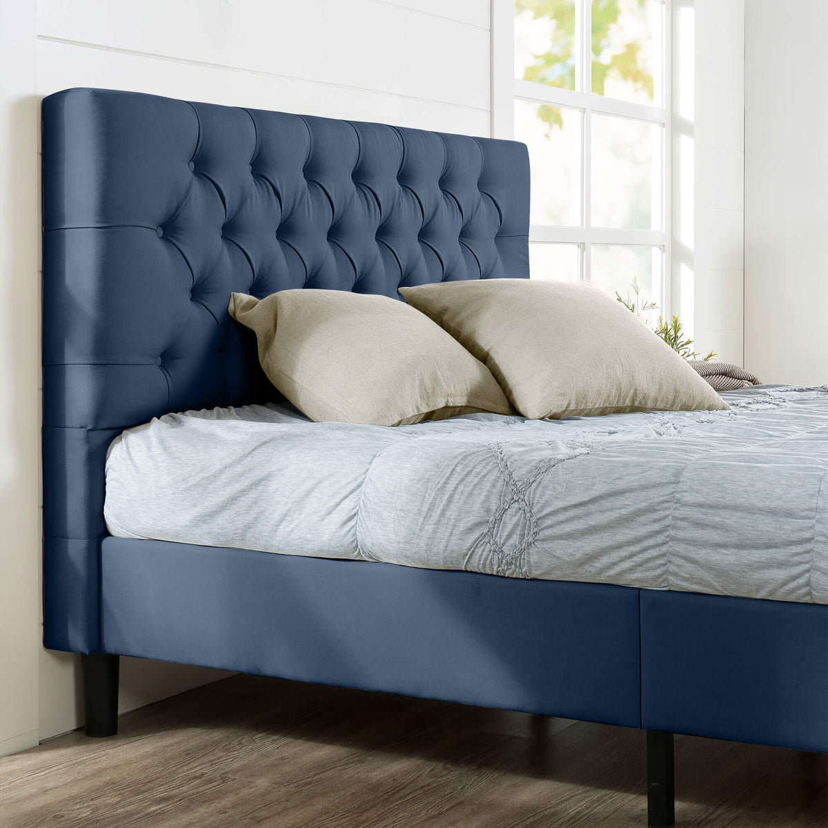Zinus Harper queen upholstered bed frame - navy blue, tufted headboard, durable support - AU-FTTP-NV-Q