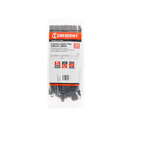 Crescent 300mm x 8mm Black Heavy Duty UV Resistant Cable Ties - 100 Pack