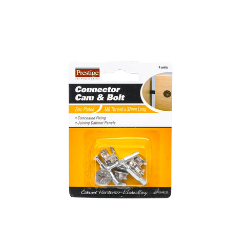 Prestige 32mm M6 Zinc Plated Cam and Bolt Cabinet Connector, 4 Pack