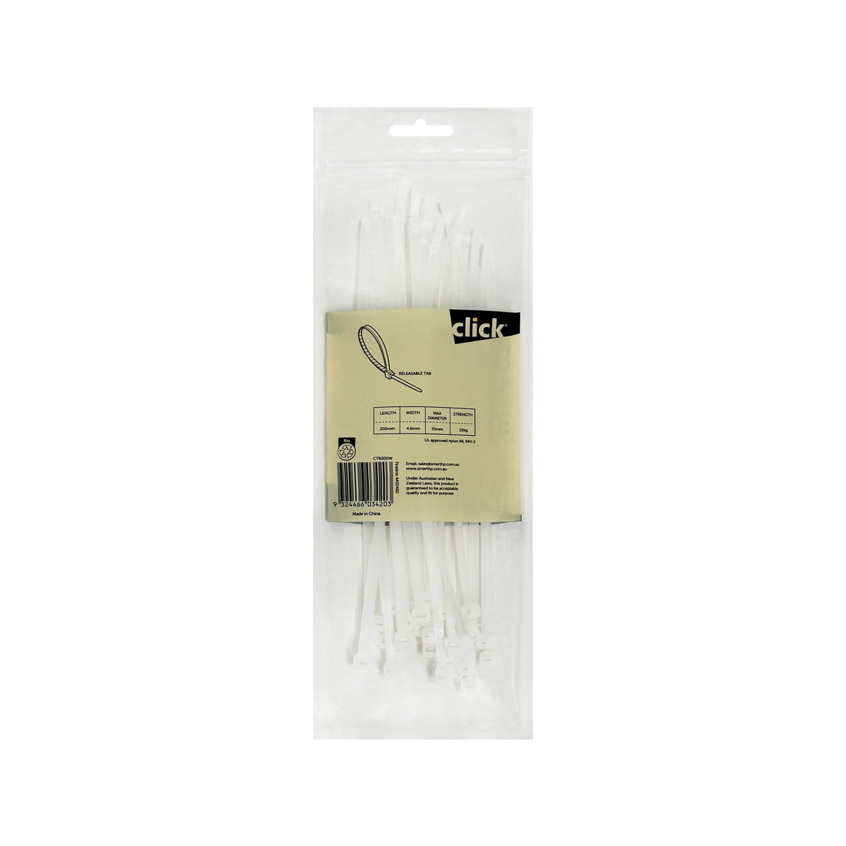 Click 200mm White Releasable Nylon Cable Tie UV Resistant 25 Pack CTR200W