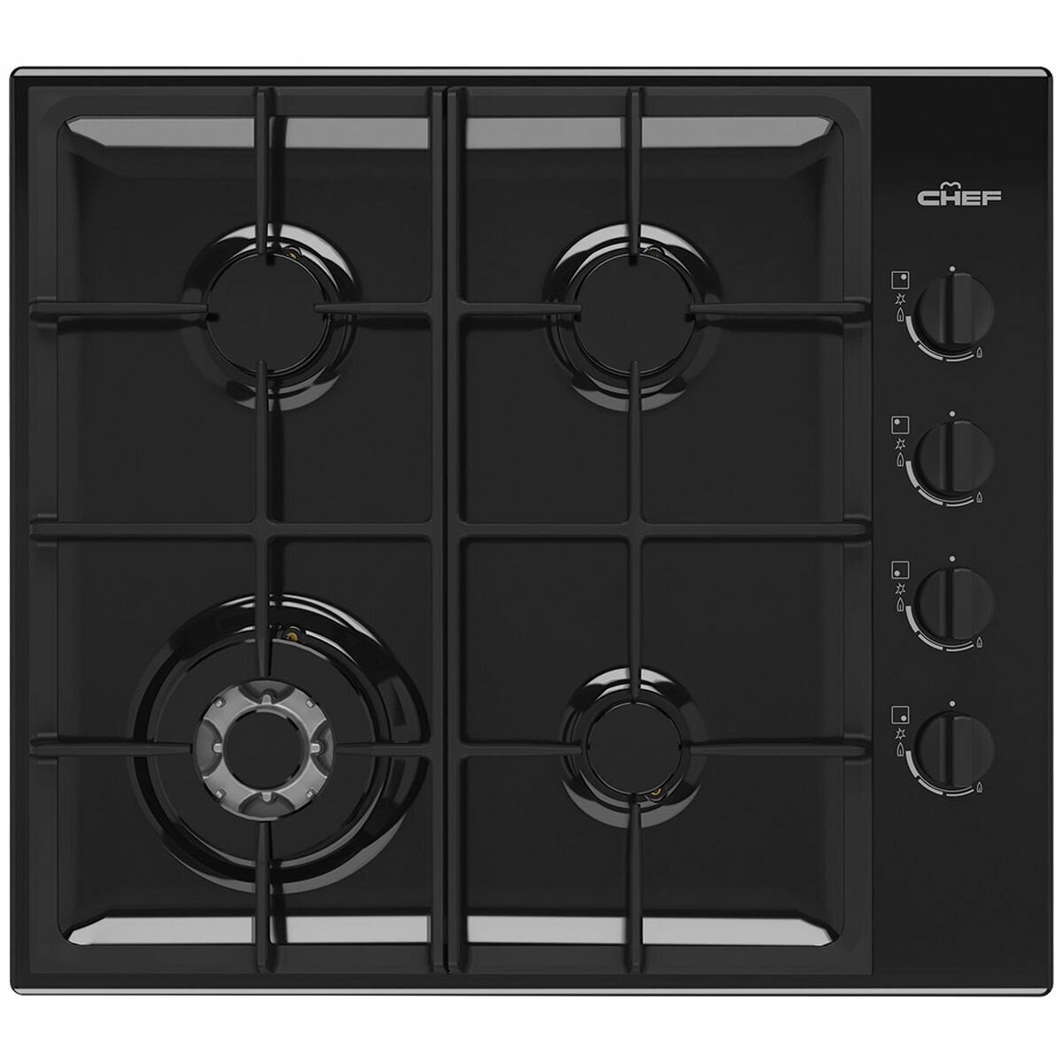 Chef 60cm Natural Gas Cooktop - Black Enamel, Wok Burner, Cast Iron Trivets, Electronic Ignition - CHG644DC