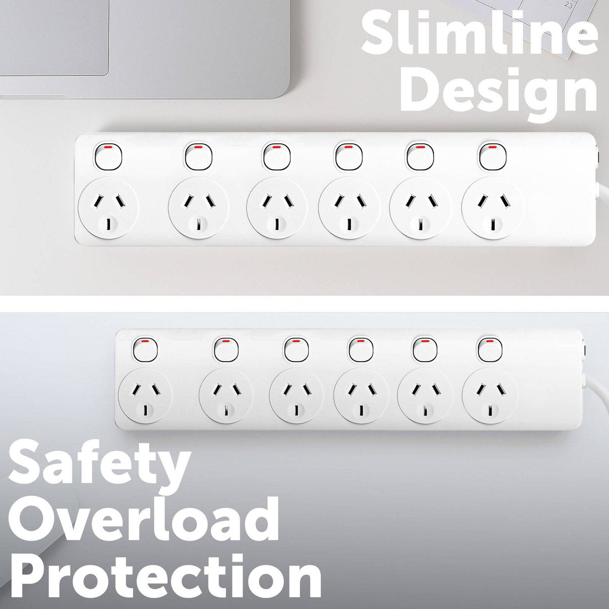 Arlec White 6 Outlet Powerboard 1.8m - Individually Switched - Overload Protection - SuperSaverAU - view 3