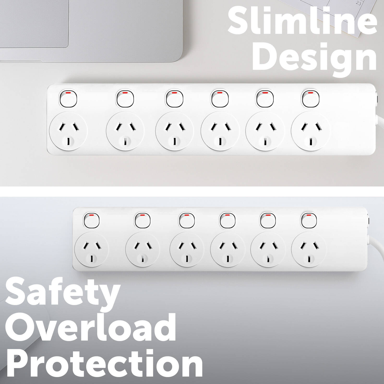 Arlec 6 Outlet Individually Switched Powerboard 1.8m White with Overload Protection PB66B-L