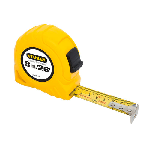 Stanley 8m/26ft Imperial Tape Measure, Lockable Blade, ABS Case, Belt Clip, Yellow