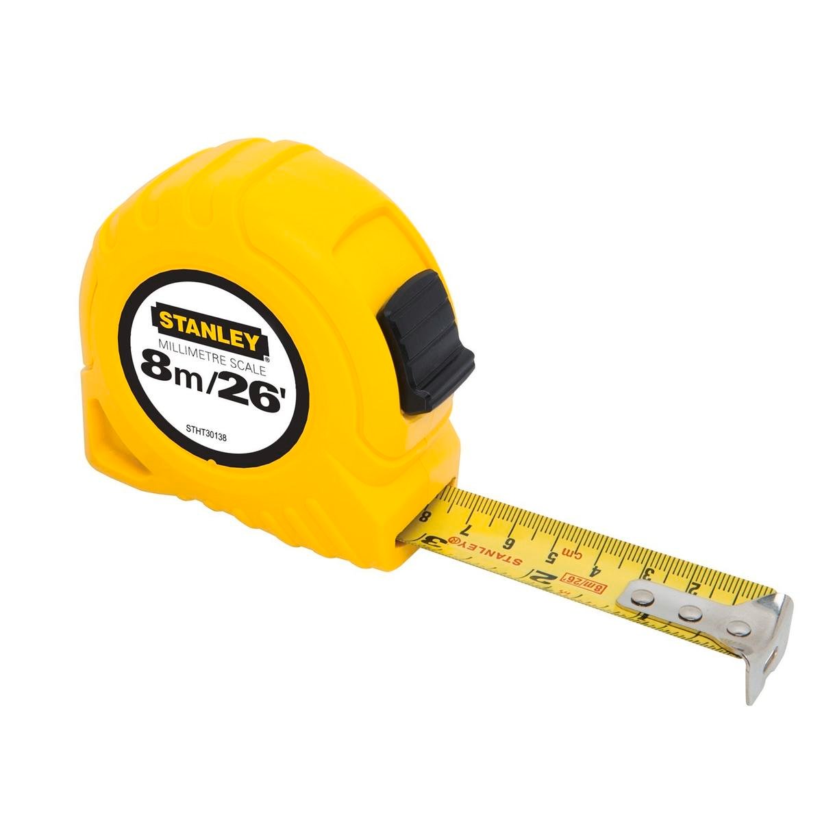 Stanley 8m/26ft Imperial Tape Measure, Lockable Blade, ABS Case, Belt Clip, Yellow